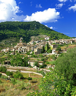 Houses and churches in the hill town of Valldemosa on Majorca, Balearic Islands, Spain, Europe