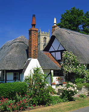 Thatched cottages, with the village church behind, at Welford on Avon in Warwickshire, England, United Kingdom, Europe