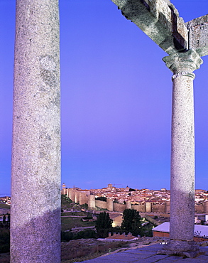 Walled city seen from the Roman ruins, Avila, Castilla y Leon, Spain, Europe