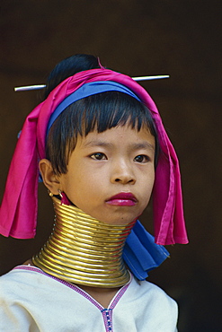 Portrait of a Long Neck girl of the Paduang tribe at Mae Hong Son, Thailand, Southeast Asia, Asia