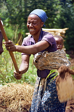 Woman with baby on back, working in field, Uganda, Africa