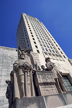 Military stone statues in front of the Louisiana State Capitol erected between 1931 and 1932, Baton Rouge, Louisiana, United States of America, North America