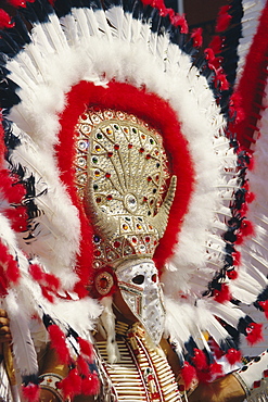 Feather headdress and elaborate costume in Mardi Gras parade, New Orleans, Louisiana, USA