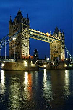 UK London, Tower Bridge and Gherkin at dusk