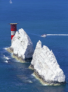 Aerial view of the Needles rocks and lighthouse, Isle of Wight, England, United Kingdom, Europe