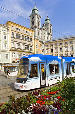 Tram and old cathedral, Hauptplatz, Linz, Austria, Europe