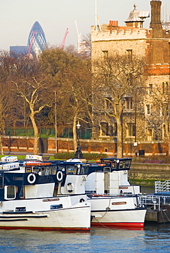 Lambeth Embankment and Gherkin (Swiss Re) building in distance, London, England, United Kingdom, Europe