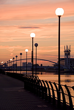 Lowry footbridge and canal in the evening, Salford, Manchester, England, United Kingdom, Europe