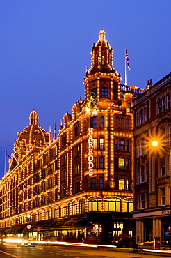 Harrods department store at dusk, Knightsbridge, London, England, United Kingdom, Europe