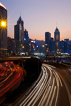 City skyline with IFC Tower at dusk, Hong Kong, China, Asia