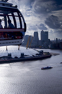 View over O2 Arena with Canary Wharf in background, London, England, United Kingdom, Europe