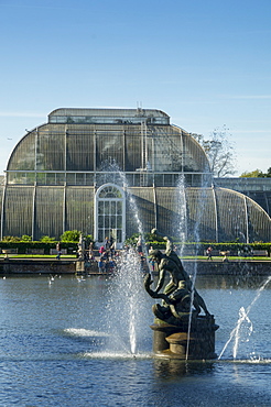 Hercules and Achelous statue stands in front of Kew Gardens Palm House, Royal Botanic Gardens, UNESCO World Heritage Site, Kew, London, England, United Kingdom, Europe