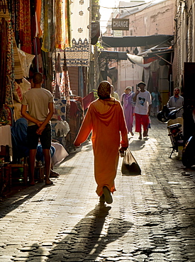 Woman in pink, Medina souk, Marrakech, Morocco, North Africa, Africa