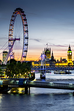 Millennium Wheel (London Eye), River Thames and Big Ben skyline at twilight, London, England, United Kingdom, Europe