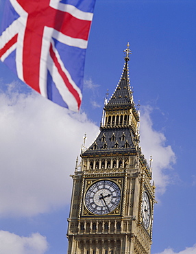 Big Ben and Union Jack flag, Houses of Parliament, Westminster, London, England, UK, Europe