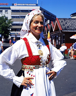 Woman in traditional costume, Oslo, Norway, Scandinavia, Europe