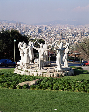 Monument to the Sardana, Montjuic, with Barcelona skyline beyond, Barcelona, Catalonia, Spain, Europe