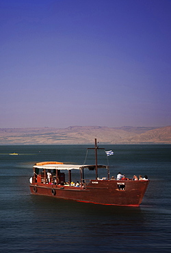 Tourist boat on Lake Tiberias, the Sea of Galilee, North Israel, Israel, Middle East