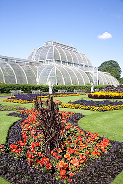 Palm House parterre with floral display of approx 16000 plants, Royal Botanic Gardens, UNESCO World Heritage Site, Kew, near Richmond, Surrey, England, United Kingdom, Europe