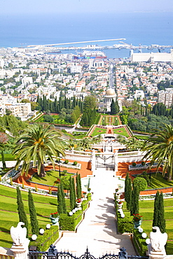 View of Haifa from the top of Mount Carmel showing the Port of Haifa in the distance, Haifa, Israel, Middle East