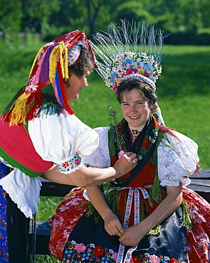 Portrait of two women in traditional Hungarian costume in Hungary, Europe