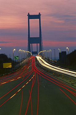 Time-lapsed view of traffic crossing the First (Old) Severn Bridge, Avon, England, United Kingdom, Europe