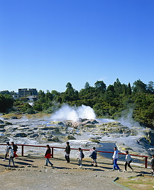 Tourists visiting the Whakarewarewa Thermal Reserve in Rotorua, South Auckland, North Island, New Zealand, Pacific