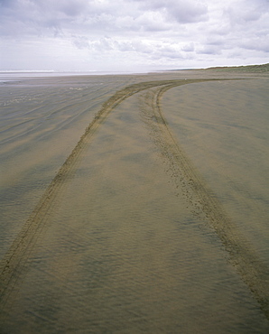 Car tracks along 90 Mile Beach, officially designated a road, in Northland, North Island, New Zealand, Pacific