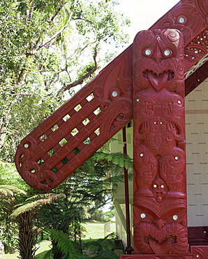 Bargeboards representing ancestors' arms on a building in the Waitangi National Reserve, Whara Runanga, at Waitangi, Bay of Islands, North Island, New Zealand, Pacific