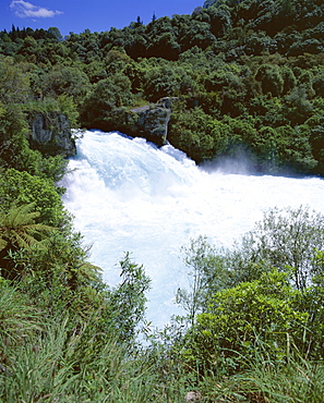 The Huka Falls, known as Hukanui (great body of spray) in Maori, 10m high, 62000 gallons of water per second at peak times, Waikato River, South Auckland, North Island, New Zealand, Pacific