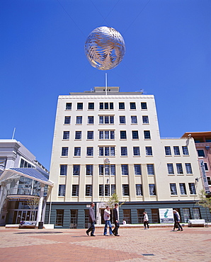 Exterior of the Wellington City Corp Building surmounted by the Globe by Neil Dawson, Wellington, North Island, New Zealand, Pacific