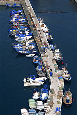 Aerial view of commercial fishing boats in the main harbour at Port Vell, in Barcelona, the Catalan capital, Spain, Europe