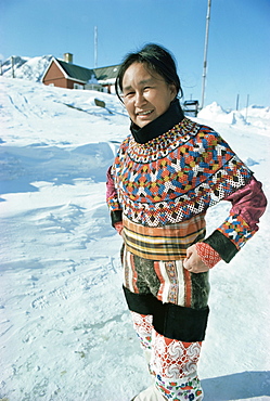 Woman wearing national dress, Angmagssalik (Ammassalik), Greenland, Polar Regions