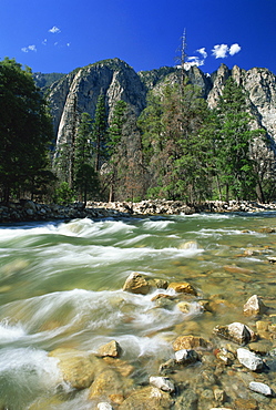 Rocks in the South Fork of the Kings River, with trees and crags in the background, in Cedar Gorge, Kings Canyon National Park, California, United States of America, North America