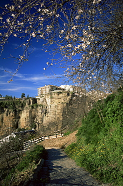 Footpath in the Guadalevin gorge in springtime, with Parador on clifftop in background, Ronda, Malaga, Andalucia, Spain, Europe