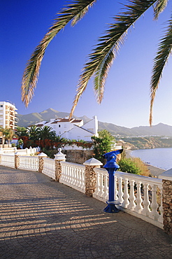 Palm-lined balcony above Burriana Beach, Nerja, Malaga, Andalucia (Andalusia), Spain, Europe