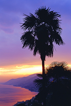 Sunset, Camogli, looking west along Portofino Peninsula, Liguria, Italy, Europe