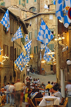 Palio banquet for members of the Onda (Wave) contrada, Siena, Tuscany, Italy, Europe