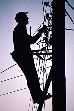 Silhouette of engineer working up a telegraph pole, East Sussex, England, United Kingdom, Europe