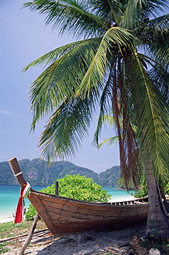 Wooden boat beneath palm trees on beach, Hin Phae Bay, Ko Phi Phi Don, off the island of Phuket, Thailand, Southeast Asia, Asia