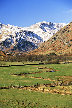 View across fields to valley head in winter, Great Langdale, Lake District National Park, Cumbria, England, United Kingdom (U.K.), Europe