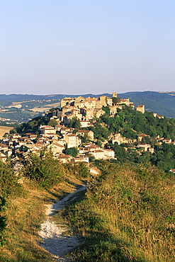 View to village from hillside path, Cordes-sur-Ciel, Tarn, Midi-Pyrenees, France, Europe