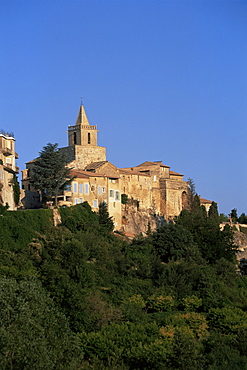 View to village houses and church in the early morning, Venasque, Vaucluse, Provence, France, Europe