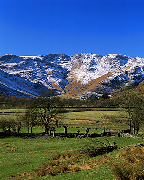 View along valley to Crinkle Crags in winter, Great Langdale, Lake District National Park, Cumbria, England, United Kingdom (U.K.), Europe