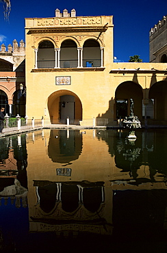 Mercury's Pool in the gardens of the Reales Alcazares (Alcazar), Seville, Andalucia (Andalusia), Spain, Europe