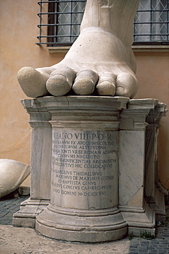 Giant foot from the Emperor Constantine statue in the courtyard of the Palazzo dei Conservatori (Capitoline Museums), Rome, Lazio, Italy, Europe
