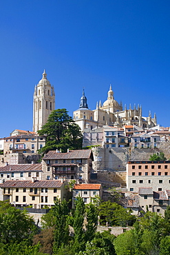 View across city rooftops to the cathedral, Segovia, Castilla y Leon, Spain, Europe