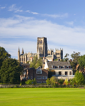 View across riverside playing fields to the cathedral, Durham, County Durham, England, United Kingdom, Europe