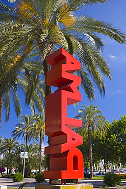 Giant red Palma sign on Avinguda Gabriel Roca, Palma de Mallorca, Mallorca, Balearic Islands, Spain, Europe