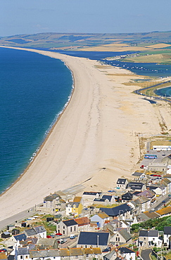 View of Chesil Beach from Portland, Dorset, England, United Kingdom, Europe